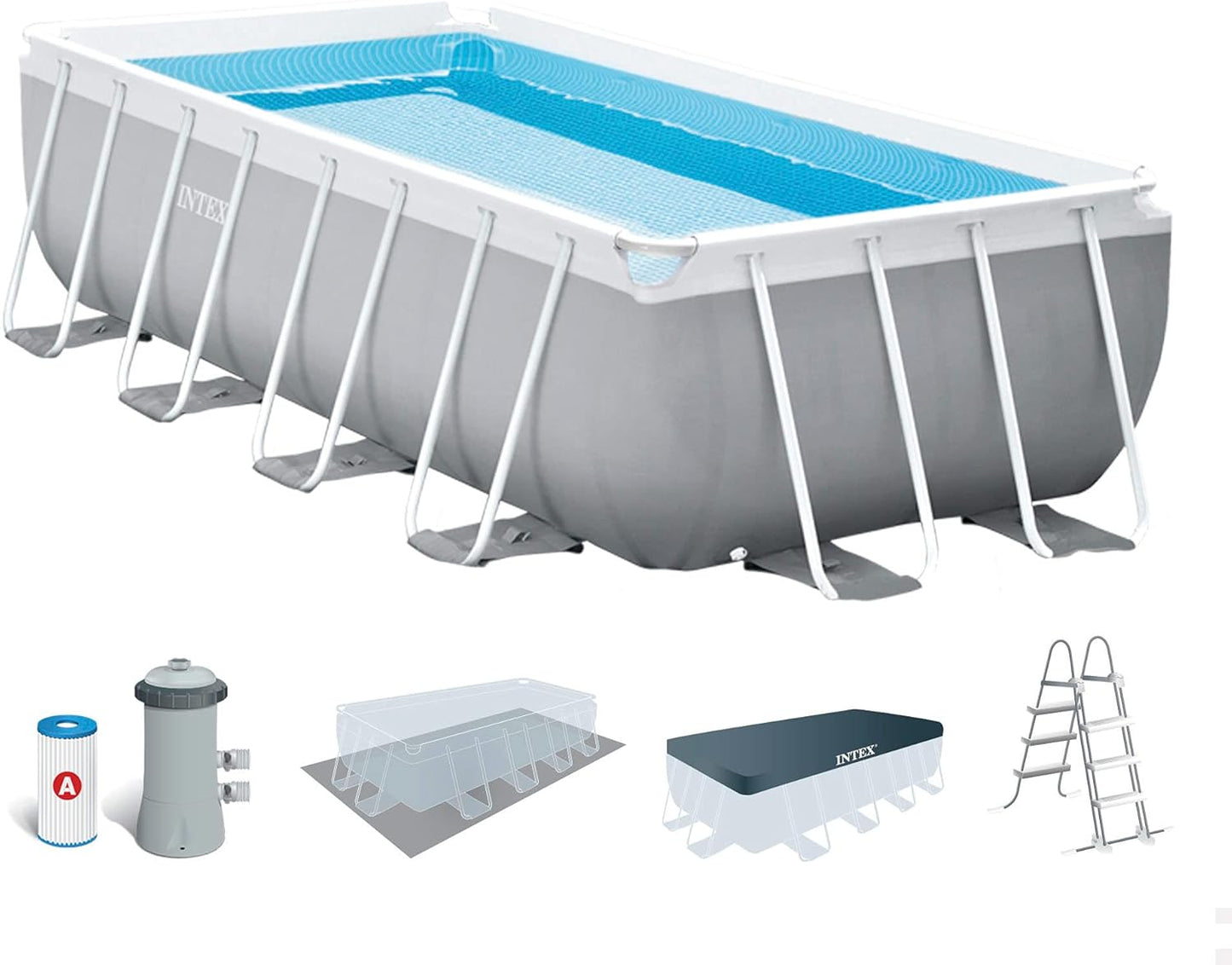 Intex 26792NP – Piscina Fuori Terra Prisma Frame Rettangolare, Pompa Filtro 3785 L/h, Scaletta, Telo Base e Copertura, 10874 L, Acciaio e PVC, Grigio, 488x244x107 cm