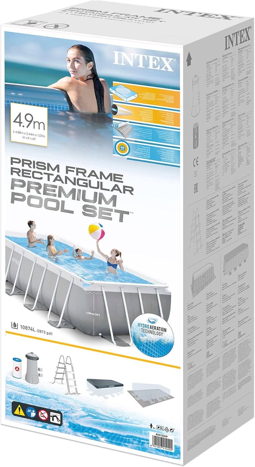 Intex 26792NP – Piscina Fuori Terra Prisma Frame Rettangolare, Pompa Filtro 3785 L/h, Scaletta, Telo Base e Copertura, 10874 L, Acciaio e PVC, Grigio, 488x244x107 cm